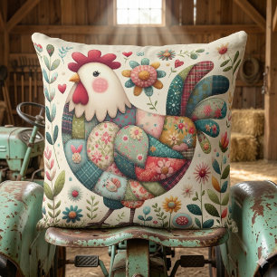 Folk Patchwork Rooster with Floral Accents Throw Pillow