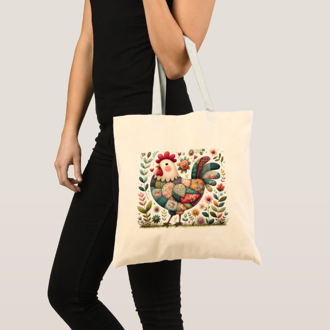 Folk Patchwork Rooster with Floral Accents Tote Bag (Front (Product))