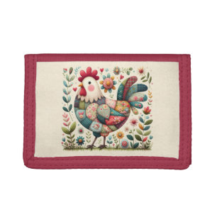 Folk Patchwork Rooster with Floral Accents Tri-fold Wallet