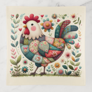 Folk Patchwork Rooster with Floral Accents Trinket Tray