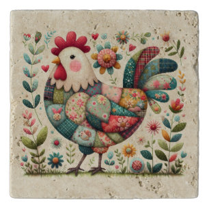 Folk Patchwork Rooster with Floral Accents Trivet