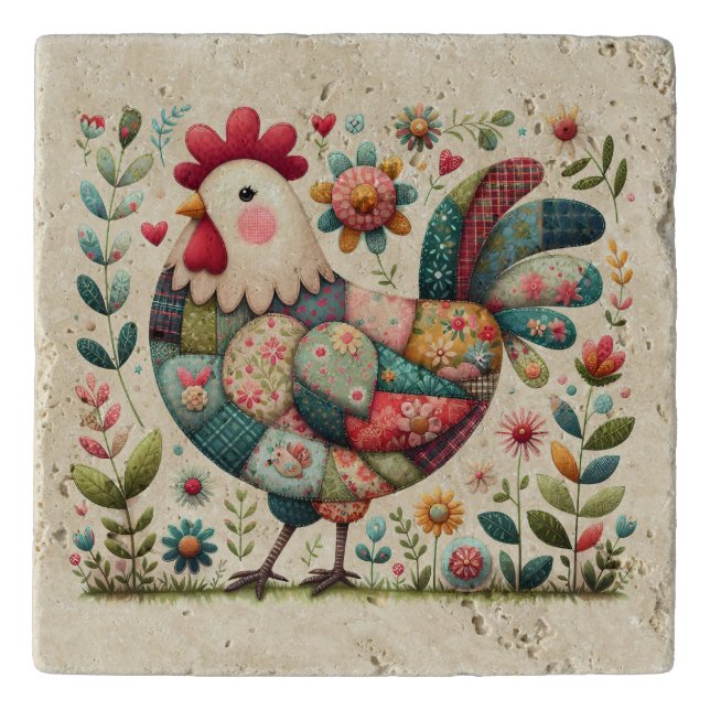 Folk Patchwork Rooster with Floral Accents Trivet (Front)