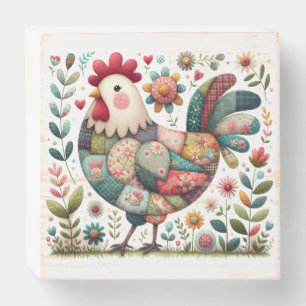 Folk Patchwork Rooster with Floral Accents Wooden Box Sign