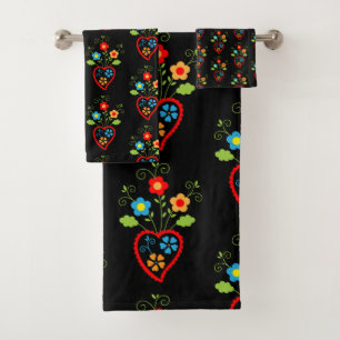 Folk portuguese blooming heart pattern bath towel set