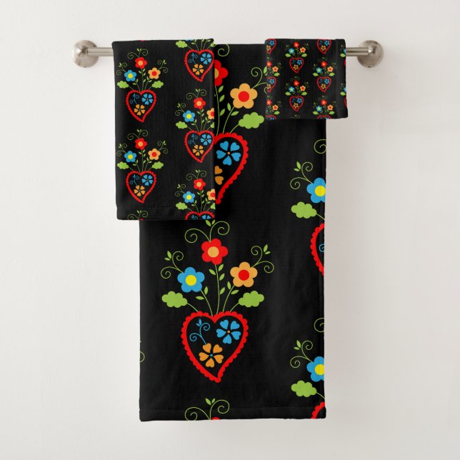 Folk portuguese blooming heart pattern bath towel set (Insitu)