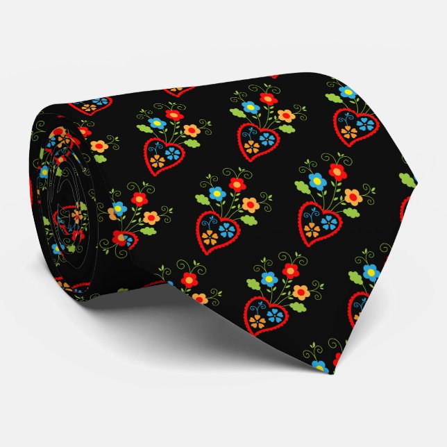 Folk portuguese blooming heart pattern neck tie (Rolled)