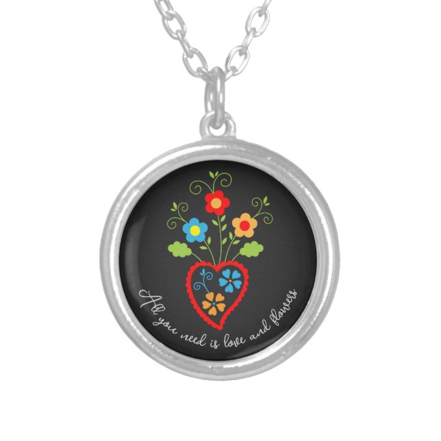Folk portuguese blooming heart silver plated necklace (Front)