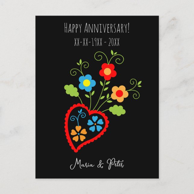 Folk portuguese blooming wedding anniversary postcard (Front)