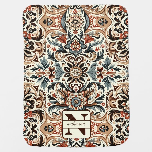 Folk print winter and earthy tones  baby blanket (Front)