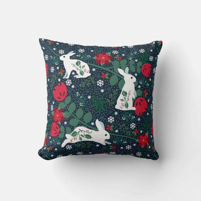 Folk Rabbit Christmas Holiday Throw Pillow (Front)
