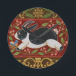 Folk Rabbit Round Clock<br><div class="desc">Get this modern piece of artwork today with a brown and red background. This piece of art contains a black and white rabbit which appears to be running. The details in this image are very sharp and vivid. It's a contemporary art piece that will be perfect for any type of...</div>