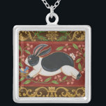 Folk Rabbit Silver Plated Necklace<br><div class="desc">Get this modern piece of artwork today with a brown and red background. This piece of art contains a black and white rabbit which appears to be running. The details in this image are very sharp and vivid. It's a contemporary art piece that will be perfect for any type of...</div>
