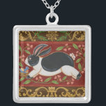 Folk Rabbit Silver Plated Necklace<br><div class="desc">Get this modern piece of artwork today with a brown and red background. This piece of art contains a black and white rabbit which appears to be running. The details in this image are very sharp and vivid. It's a contemporary art piece that will be perfect for any type of...</div>