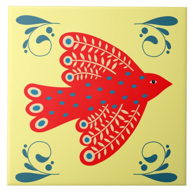 folk red bird on the yellow background Left Ceramic Tile (Front)