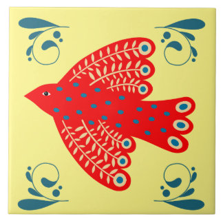 folk red bird on the yellow background Right Ceramic Tile