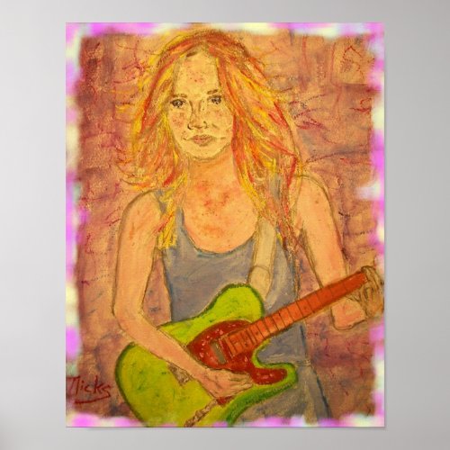 folk rock girl playin electric art poster