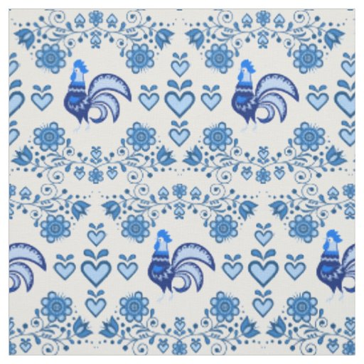 Folk Rooster/Cockerel blue/blue floral ,hearts/4" Fabric