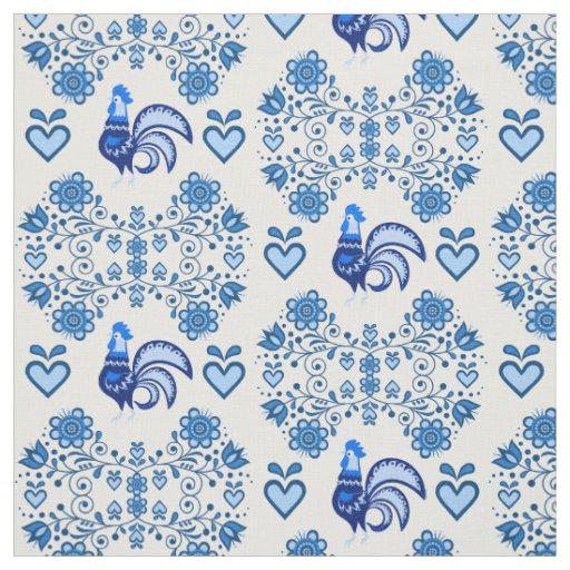 Folk Rooster/Cockerel /blue floral, hearts 4" Fabric