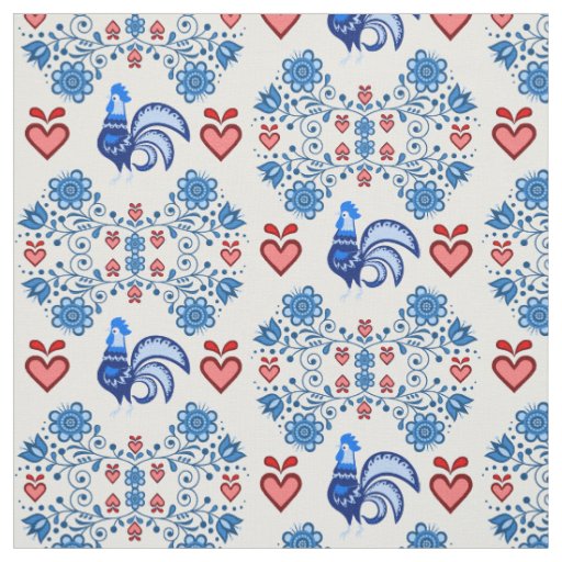 Folk Rooster/Cockerel /blue/red floral, hearts 4" Fabric