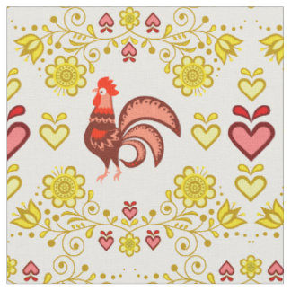 Folk Rooster/Cockerel gold/floral, hearts/4" Fabric
