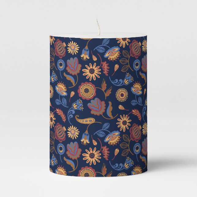 Folk Rustic Floral Pillar Candle (Front)