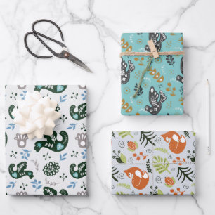 Folk Scandy Swedish Bird Fox Set Of 3 Wrapping Paper Sheets