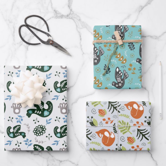 Folk Scandy Swedish Bird Fox Set Of 3 Wrapping Paper Sheets (Front)