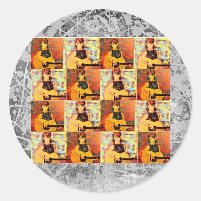 folk singer girl collage silver drip classic round sticker (Front)