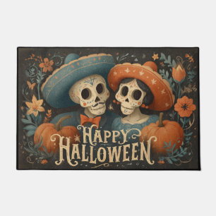 Folk Skull Couple with Pumpkins Happy Halloween Doormat