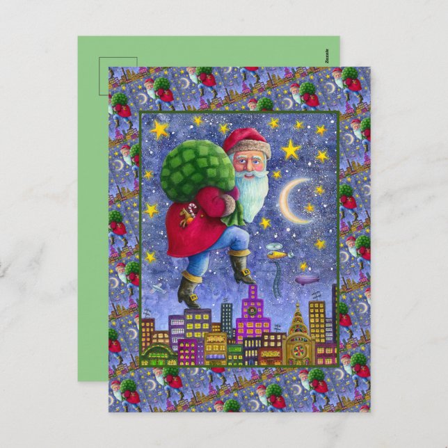 FOLK ST. NICK TIPTOES ON ROOFTOPS WITH BAG OF TOYS HOLIDAY POSTCARD (Front/Back)