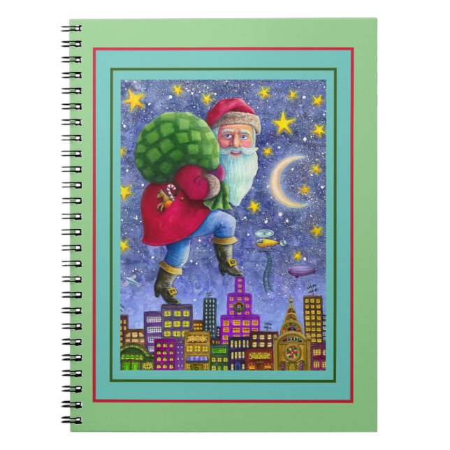 FOLK ST. NICK TIPTOES ON ROOFTOPS WITH BAG OF TOYS NOTEBOOK (Front)