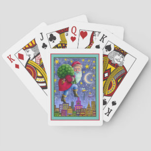 FOLK ST. NICK TIPTOES ON ROOFTOPS WITH BAG OF TOYS POKER CARDS