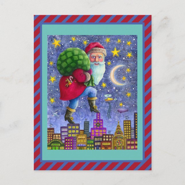 FOLK ST. NICK TIPTOES ON ROOFTOPS WITH BAG OF TOYS POSTCARD (Front)