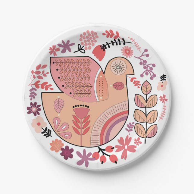 Folk-style dove paper plates (Front)