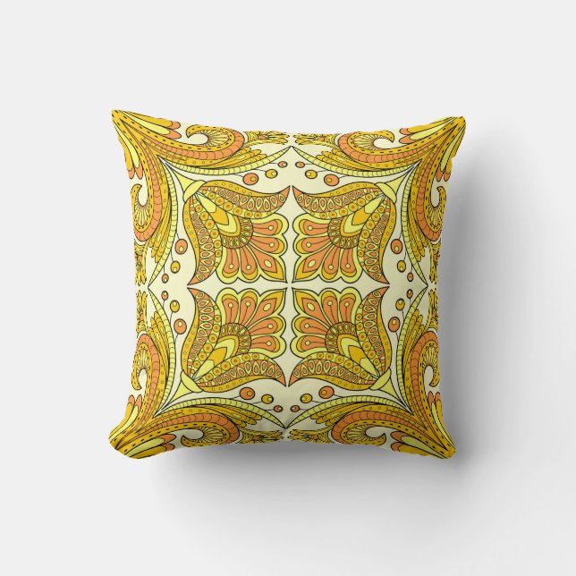 Folk style floral design in yellow throw pillow (Front)