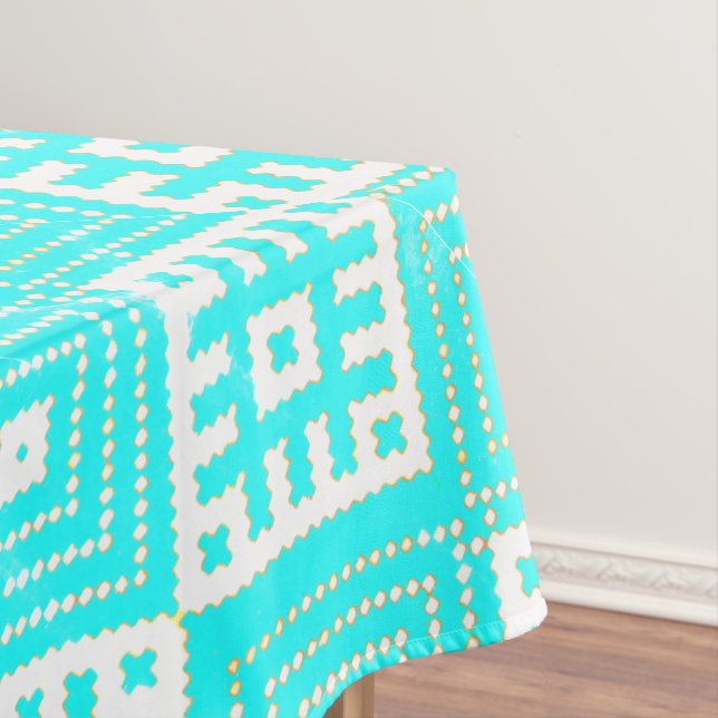 Folk Stylized Print Turquoise White Tablecloth (In Situ)