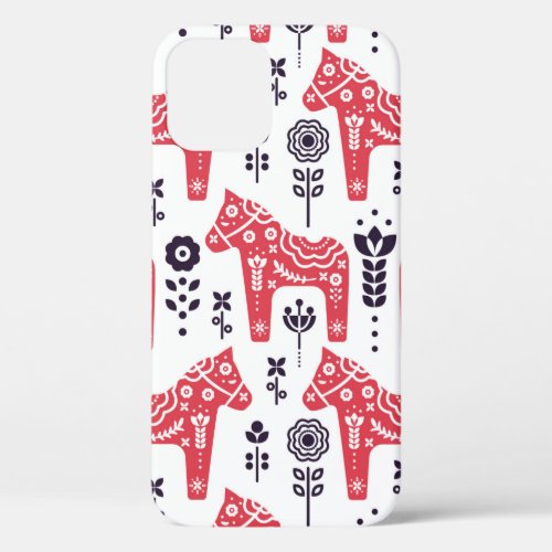 Folk swedish horse floral seamless pattern  iPhone 12 case