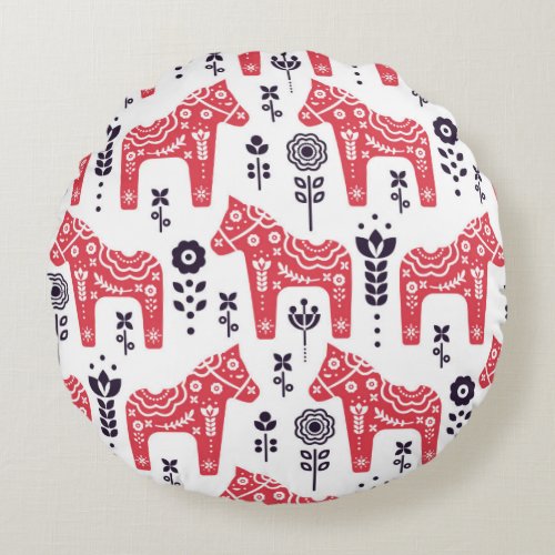 Folk swedish horse floral seamless pattern  round pillow