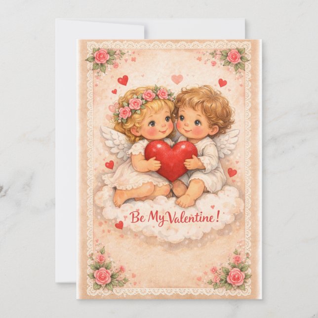 Folk Valentine Angels with Heart – Whimsical Primi Holiday Card (Front)