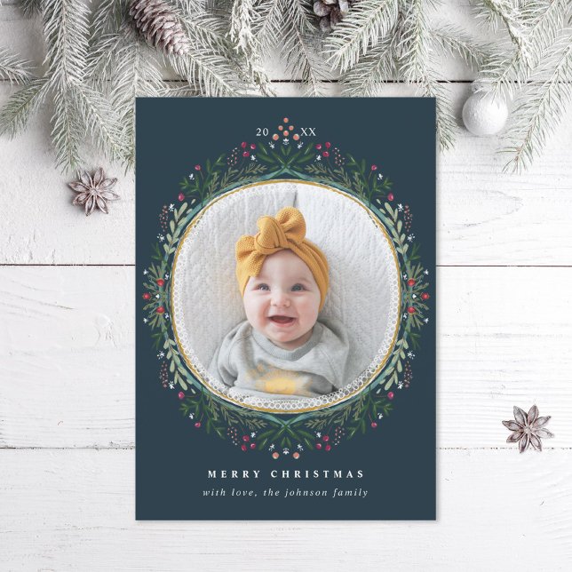 Folk Wildflower Wreath Photo Holiday Card (Creator Uploaded)