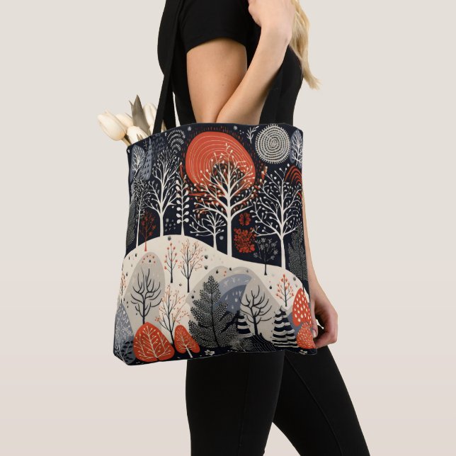 Folk Winter Night Landscape Tote Bag (Close Up)