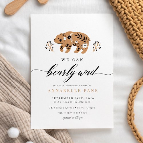 Folk Woodland Bear Bearly Wait Baby Shower Invitation