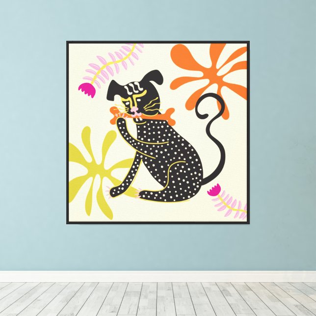 Folkart Boho Abstract Black Dog hand drawn  Canvas Print (Insitu(Wood Floor))