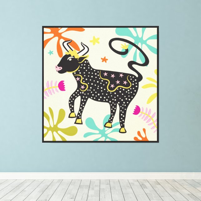 Folkart Boho Taurus Bull Abstract Zodiac Canvas Print (Insitu(Wood Floor))