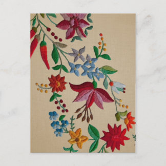 Folkart Flower Embroidery on Linen Look Backing Postcard