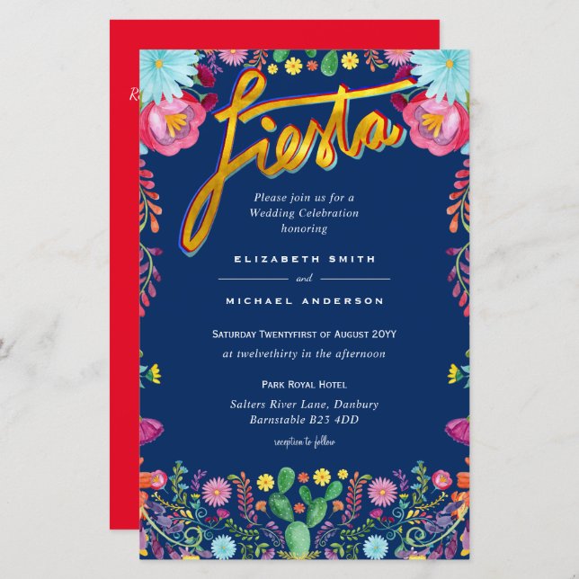 Folkart Flower Fiesta Wedding Invitation Boda  (Front/Back)