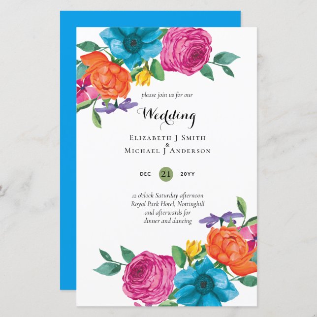 Folkart Flower Fiesta Wedding Invitation Boda  (Front/Back)