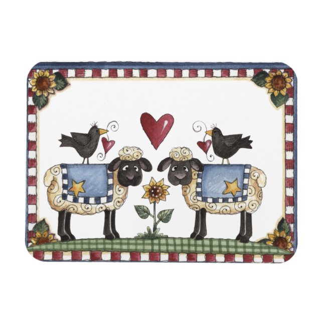 Folkart Sheep Crows & Sunflowers Magnet (Horizontal)