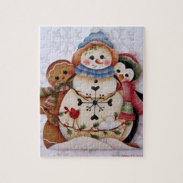 Folkart Snowman, Gingerbread Man, Penguin Puzzle (Vertical)