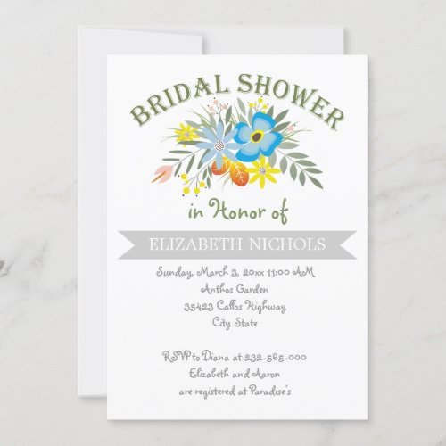 Folklore blue flowers modern wedding bridal shower invitation